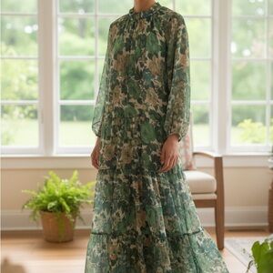 Boohoo Floral Green Chiffon Maxi Dress